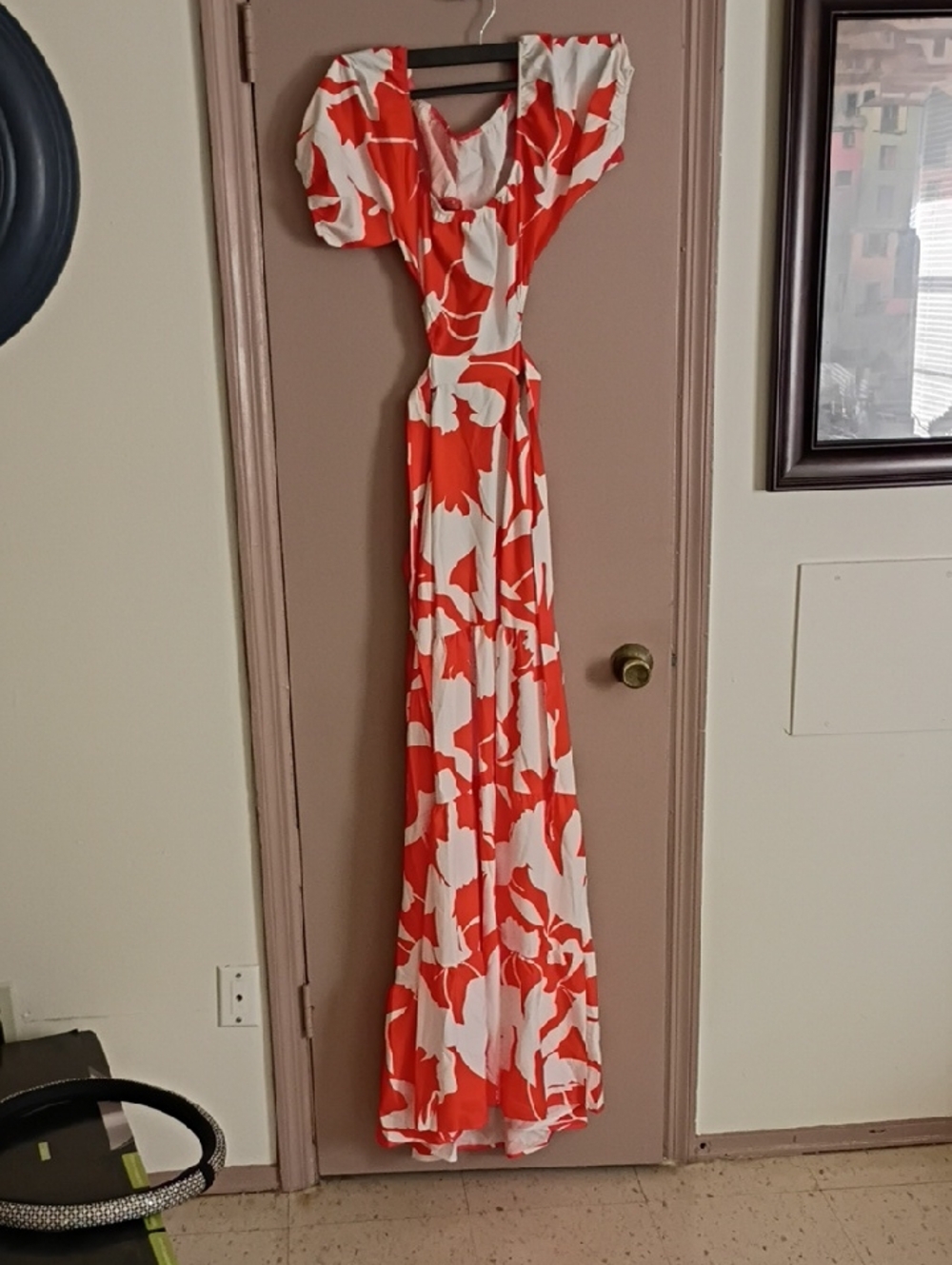 SHEIN Orange and White Floral Maxi Dress with Puff Sleeves